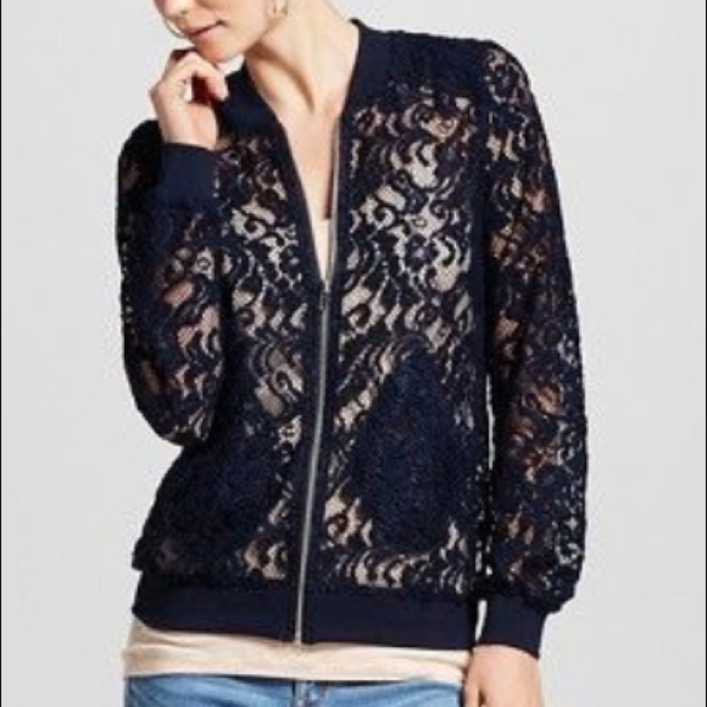 Lace Bomber Jacket in Navy